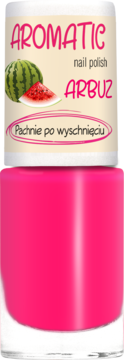 Różowy lakier Ados Aromatic, zapach arbuza, z ilustracją arbuza. Pachnie po wyschnięciu. Widok butelki z przodu.