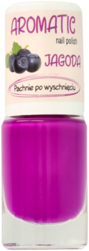 Fuksjowy lakier do paznokci AROMATIC Jagoda, w szklanej butelce, widok z przodu. Pachnie po wyschnięciu.
