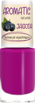 Fuksjowy lakier do paznokci Ados Aromatic Jagoda, pachnący po wyschnięciu. Etykieta z ilustracją jagód.