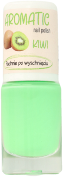 Jasnozielony lakier AROMATIC Kiwi w szklanej butelce, widok z przodu. Etykieta z kiwi, zapach po wyschnięciu.