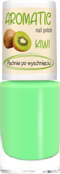 Jasnozielony lakier do paznokci Ados Aromatic Kiwi, z etykietą z owocami kiwi, widok z przodu.