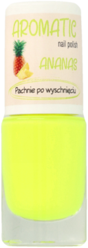 Neonowo żółty lakier do paznokci Ados Aromatic Ananas, butelka z przodu, etykieta z ananasem i napisem 'Pachnie po wyschnięciu'.