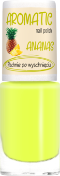 Żółty lakier do paznokci Ados Aromatic Ananas z obrazkiem ananasa, pachnący po wyschnięciu. Widok z przodu.