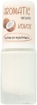 Ados Aromatic biały lakier do paznokci o zapachu kokosa, który pachnie po wyschnięciu, widok z przodu.