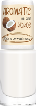 Ados Aromatic biały lakier do paznokci kokosowy. Beżowa etykieta z napisem "KOKOS" i grafiką kokosa, "Pachnie po wyschnięciu".