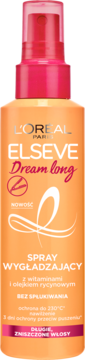 Pomarańczowy spray L'Oreal Elseve Dream Long do włosów zniszczonych, z różową pompką, widok z przodu.