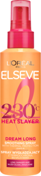L'Oréal Elseve Dream Long Smoothing Spray 230°C Heat Slayer, pomarańczowa butelka z różowym atomizerem, widok z przodu.