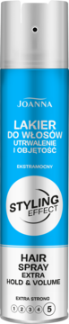 Srebrny lakier do włosów Joanna Extra Hold & Volume w puszce, z niebieską etykietą, widok z przodu.
