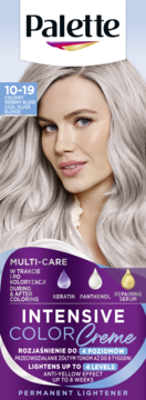 Opakowanie Palette Intensive Color Creme 10-19, chłodny srebrny blond, z modelką. Rozjaśnia do 4 poziomów.