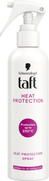 Schwarzkopf Taft Heat Protection Spray w białej butelce z rozpylaczem, widok z przodu, ochrona do 230°C.