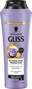 Fioletowy szampon Schwarzkopf Gliss Blonde Hair Perfector do włosów blond, widok z przodu, z napisem "+100% mocniejsze włosy" i grafiką.