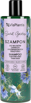 VisPlantis Secret Garden szampon do włosów cienkich z czarnuszką, zielona butelka z kwiatowym wzorem.