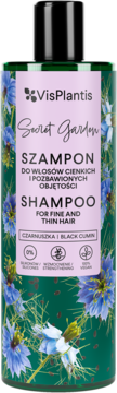 VisPlantis Secret Garden szampon z czarnuszką do włosów cienkich, zielona butelka z fioletowo-zielonym wzorem.