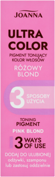 Joanna Ultra Color pigment tonujący, różowy blond. Różowe opakowanie z tekstem i grafiką '3 sposoby użycia', widok z przodu.
