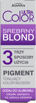 Joanna Ultra Color Srebrny Blond pigment tonujący w fioletowo-szarym opakowaniu, z fioletowym napisem '3 SPOSOBY UŻYCIA'.