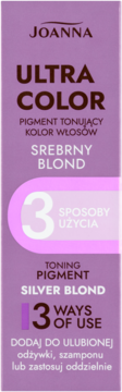 Joanna Ultra Color Silver Blond pigment tonujący w jasnofioletowym pudełku, widok z przodu, 3 sposoby użycia.