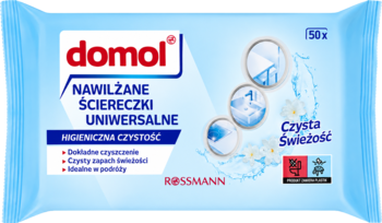 Błękitne opakowanie nawilżanych ściereczek uniwersalnych Domol 50 szt. z ikonami czystości i logo Rossmann.