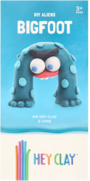 Zestaw Hey Clay DIY Aliens Bigfoot: niebieski potwór z gliny, kształt litery U, z dużymi oczami, 5 puszek, widok z przodu.