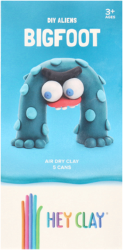 Zestaw Hey Clay DIY Aliens Bigfoot: niebieski potwór z gliny, kształt litery U, z dużymi oczami, 5 puszek, widok z przodu.
