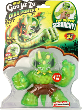 Zielona figurka Heroes of Goo Jit Zu Dino Power Tritops w opakowaniu, z napisem SUPER SCRUNCHY i przyciskiem TRY ME.