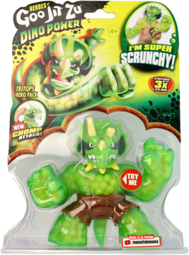 Zielona figurka Heroes of Goo Jit Zu Dino Power Tritops w opakowaniu, z napisem SUPER SCRUNCHY i przyciskiem TRY ME.