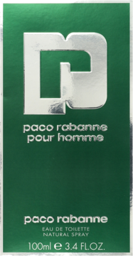Zielono-srebrne pudełko Paco Rabanne Pour Homme męska woda toaletowa 100ml, z dużym srebrnym logo.