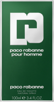 Paco Rabanne Pour Homme EDT, ciemnozielone opakowanie z srebrnym logo PR i białym napisem, widok z przodu.