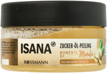 Isana Zucker-Öl-Peeling Moments of Marula z olejem marula w beżowym słoiczku, widok z przodu, czarna pokrywka.