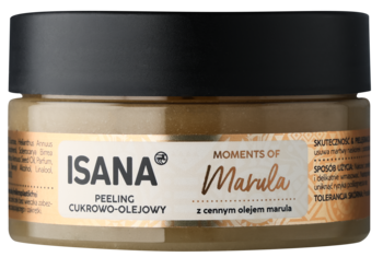 Isana Moments of Marula peeling cukrowo-olejowy, beżowy słoiczek z czarną nakrętką, widok z przodu.