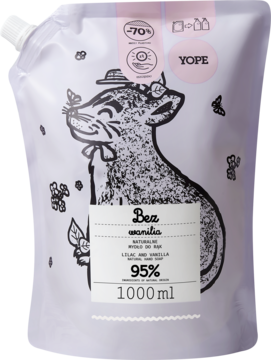Biała saszetka YOPE Bea manilia, naturalne mydło do rąk Lilac&Vanilla 1000ml, z kreskówkowym zwierzakiem.