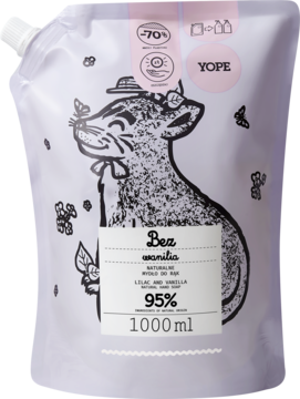 Biała saszetka YOPE Bea manilia, naturalne mydło do rąk Lilac&Vanilla 1000ml, z kreskówkowym zwierzakiem.