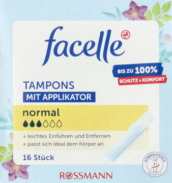 Front opakowania tamponów facelle Normal z aplikatorem, 16 sztuk, na tle w kwiaty, żółty pasek.