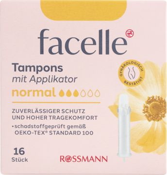Różowe opakowanie facelle Tampony Normal z aplikatorem, 16 sztuk, z żółtym kwiatem i widocznym tamponem.