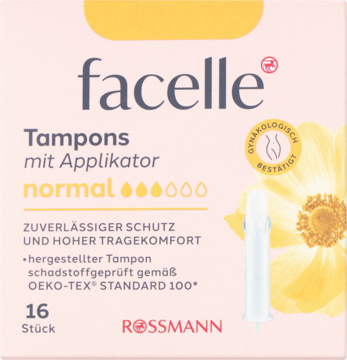 Różowe opakowanie facelle Tampony Normal z aplikatorem, 16 sztuk, z białym aplikatorem na tle żółtych kwiatów.
