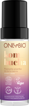 Onlybio Kombucha pianka do mycia twarzy z granatem i aloesem, butelka z pompką, etykieta gradientowa, widok z przodu.
