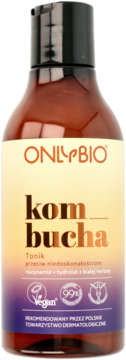 Tonik Onlybio Kombucha przeciw niedoskonałościom z niacynamidem, brązowa butelka z beżowo-fioletową etykietą.