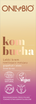 OnlyBio Kombucha lekki krem nawilżająco-matujący z grejpfrutem i aloesem, w pomarańczowo-różowej butelce, widok z przodu.