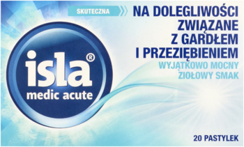 Isla Medic Acute, błękitne opakowanie pastylek na gardło i przeziębienie, z logo i ziołowym smakiem, przód.