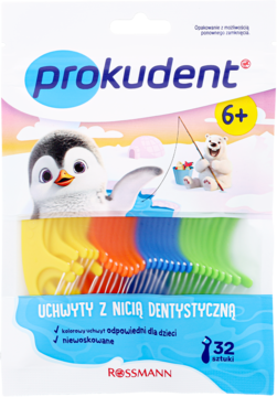 Opakowanie 32 kolorowych uchwytów Prokudent Junior z nicią dentystyczną dla dzieci 6+, motyw z pingwinem.