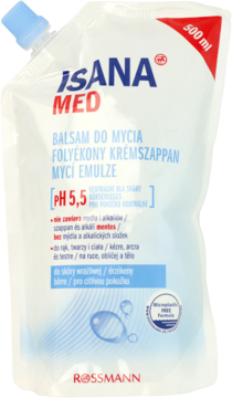 Isana Med Balsam do Mycia 500ml, biała saszetka z grafiką kropli wody i napisem pH 5.5, widok z przodu.