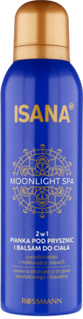 Niebieska butelka ISANA Moonlight Spa 2w1 pianka i balsam z ekstraktem z drzewa sandałowego i bawełny, widok z przodu.