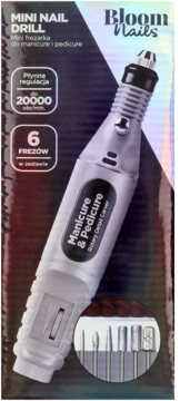 Bloom Nails mini frezarka do paznokci w szarym opakowaniu z holograficznym tłem, widoczny sprzęt i 6 frezów.