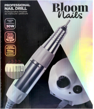 Profesjonalna frezarka Bloom Nails 30W do manicure i pedicure, biała, na pudełku z napisami, widok z przodu.