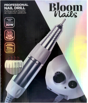 Profesjonalna frezarka Bloom Nails 30W do manicure i pedicure, biała, na pudełku z napisami, widok z przodu.