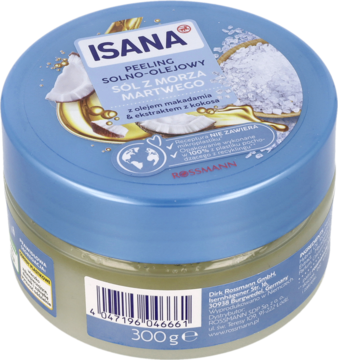 Isana Peeling Solno-Olejowy Morze Martwe z kokosem, w przezroczystym słoiku z niebieską pokrywką, widok z góry.