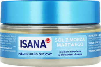 Isana peeling solno-olejowy Morze Martwe z kokosem i macadamią. Przezroczysty słoik z niebieskim wieczkiem, widok z przodu.