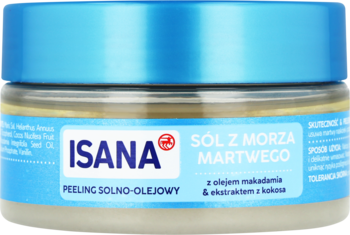 Niebieski słoik Isana, peeling solno-olejowy Morze Martwe o jasnej barwie, z makadamią i kokosem, widok z przodu.