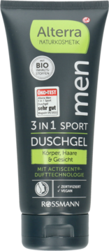 Alterra men 3in1 Sport Duschel w czarnej tubie, widok z przodu. Produkt BIO i wegański do ciała, włosów i twarzy.