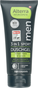 Alterra men 3in1 Sport Duschel w czarnej tubie, widok z przodu. Produkt BIO i wegański do ciała, włosów i twarzy.