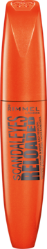 Rimmel Scandaleyes Reloaded, pomarańczowy tusz do rzęs, widok z przodu, z czarnymi napisami.